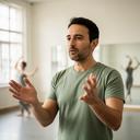 Vassi Notivoli dirigiendo una práctica coreográfica en una sala luminosa